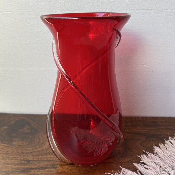 Murano Hand Blown Vase Ruby Red with Clear Swirls 9" Tall - Picture 2 of 16